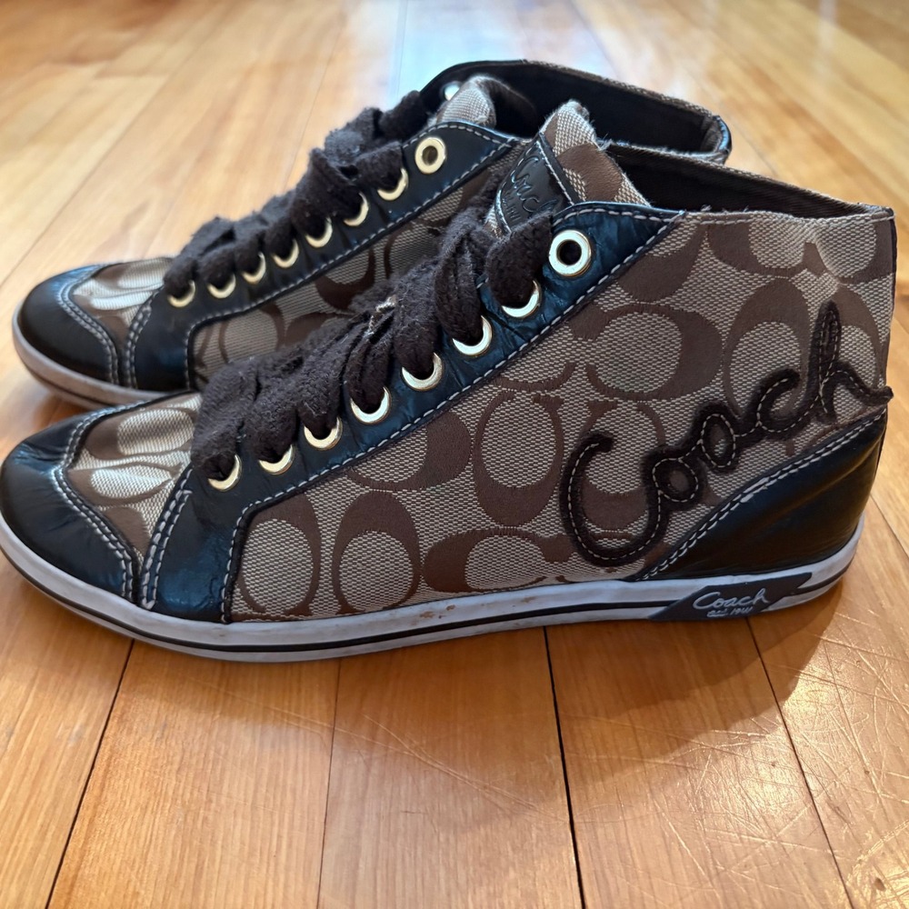 Coach Brendi Brown Signature Monogram Leather High Top Sneakers Q1089 Womens 7B